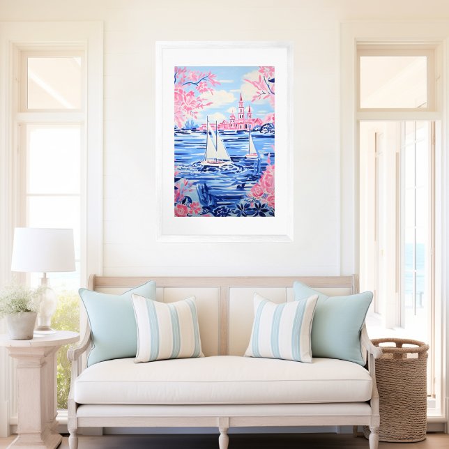 Poster Aquarelle Blanc Bateaux à voile Bleu Eaux Rose Flo (Créateur téléchargé)