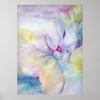 Poster aquarelle blanche chatte dormant sur une feuille b