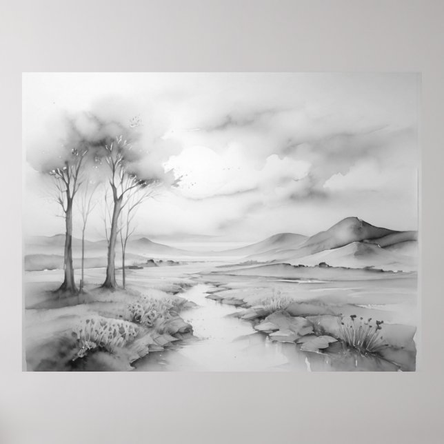 Poster Aquarelle blanche noire Beau paysage (Devant)