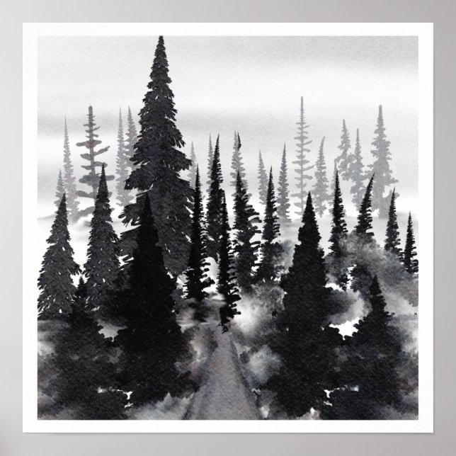 Poster Aquarelle blanche noire Forêt de Foggy (Devant)