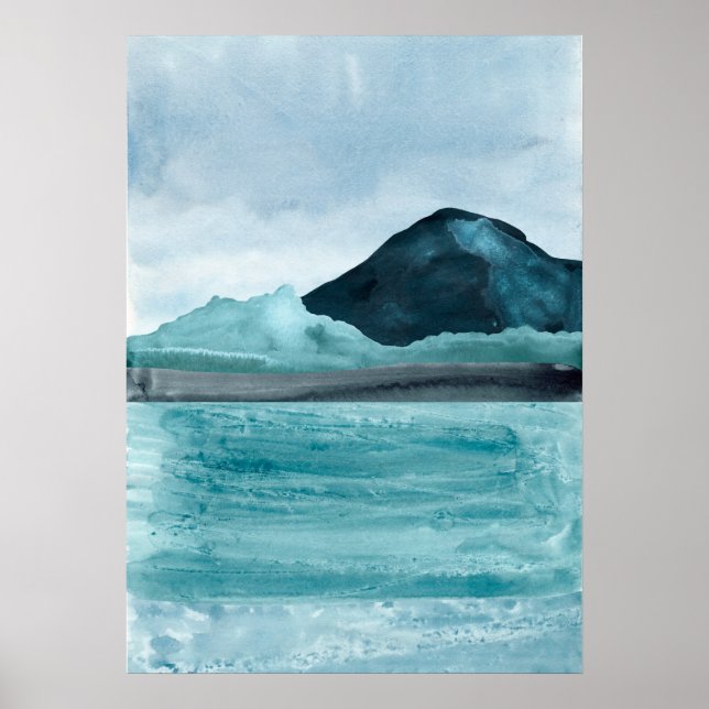 Poster Aquarelle bleu abstrait paysage de lac Art moderne (Devant)