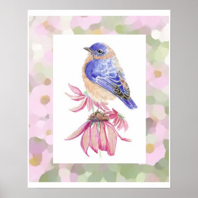 Poster Aquarelle Bleu Bleu Oiseau de l'Est (Devant)