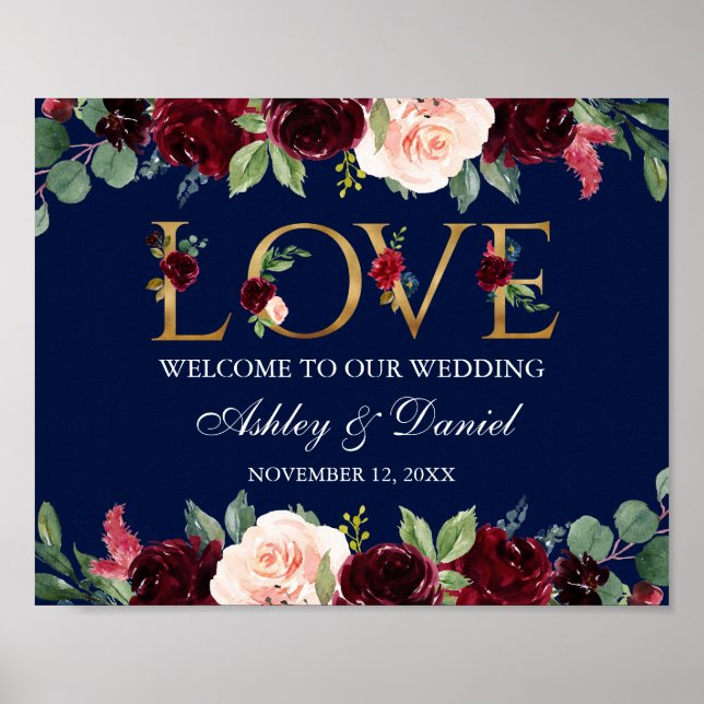 Poster Aquarelle Bleu Bourgogne Floral Amour Mariage Or (Devant)