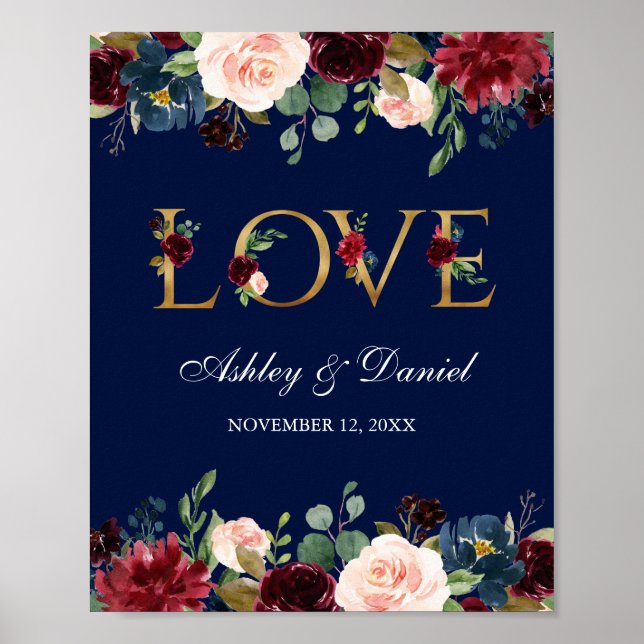 Poster Aquarelle Bleu Bourgogne Floral Gold Mariage (Devant)