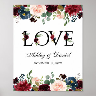 Poster Aquarelle Bleu Bourgogne Floral Love Mariage