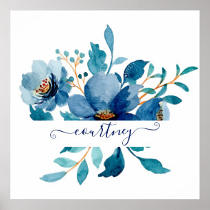 Poster Aquarelle bleu clair florale personnalisée