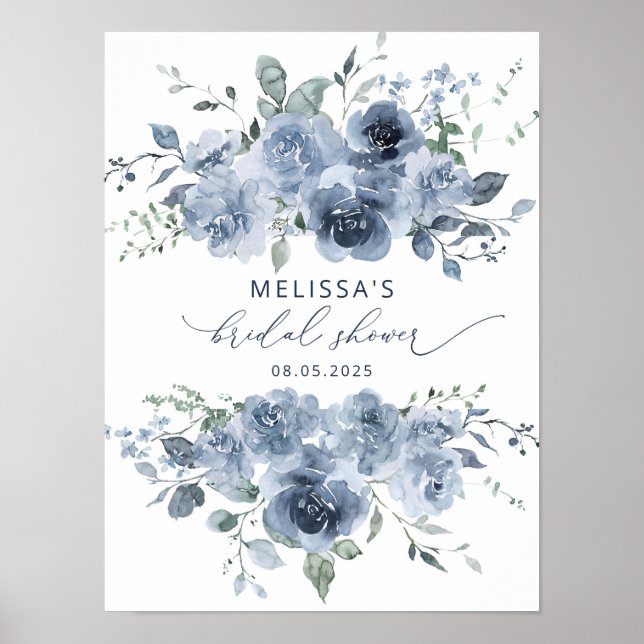 Poster Aquarelle bleu Dusty Fête des mariées florale (Devant)
