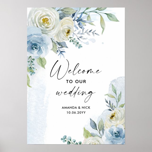 Poster Aquarelle bleu et blanc Mariage Floral Bienvenue (Devant)
