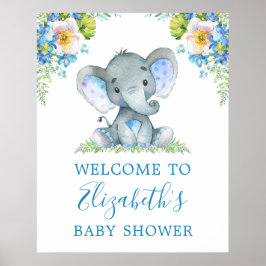 Poster Aquarelle Bleu Floral Baby Elephant Baby shower