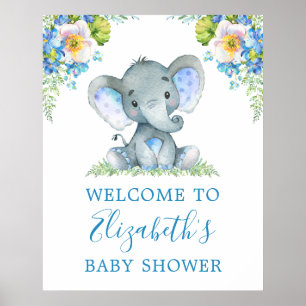 Poster Aquarelle Bleu Floral Baby Elephant Baby shower