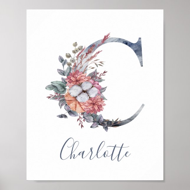 Poster Aquarelle bleu Floral Monogramme C Nom de famille  (Devant)