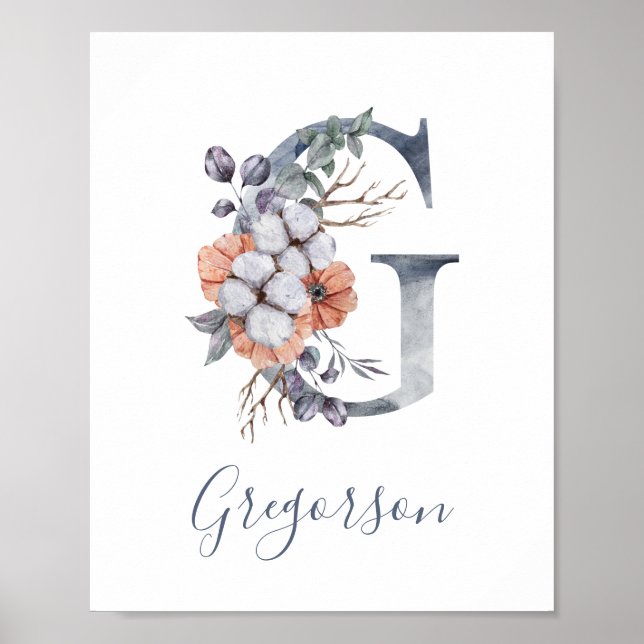 Poster Aquarelle bleu Floral Monogramme G Nom (Devant)