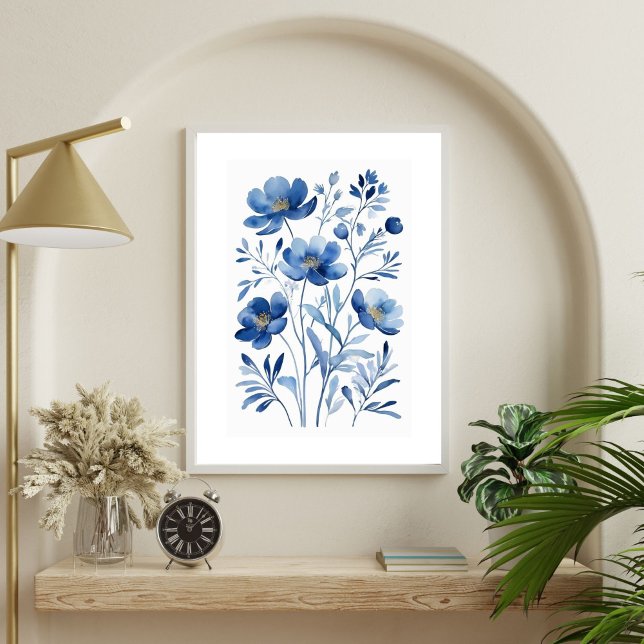 Poster Aquarelle bleu français Fleurs florales Botaniques (French Blue Flowers Watercolor Florals Botanicals Wall art Poster Print. Printed or Digital Download)