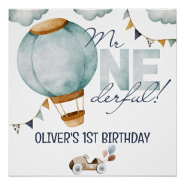 Poster Aquarelle Bleu Hot Air Balloon M. ONEderful Boy