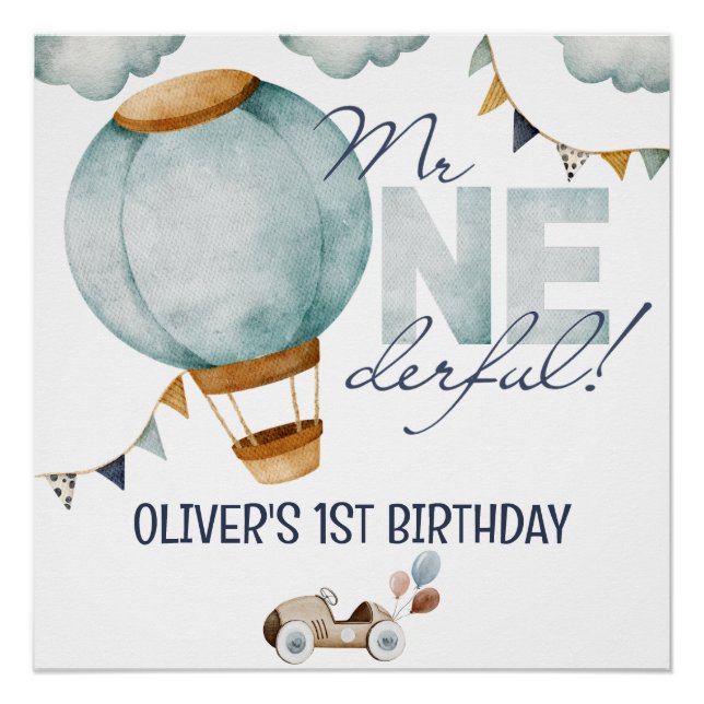 Poster Aquarelle Bleu Hot Air Balloon M. ONEderful Boy (Devant)