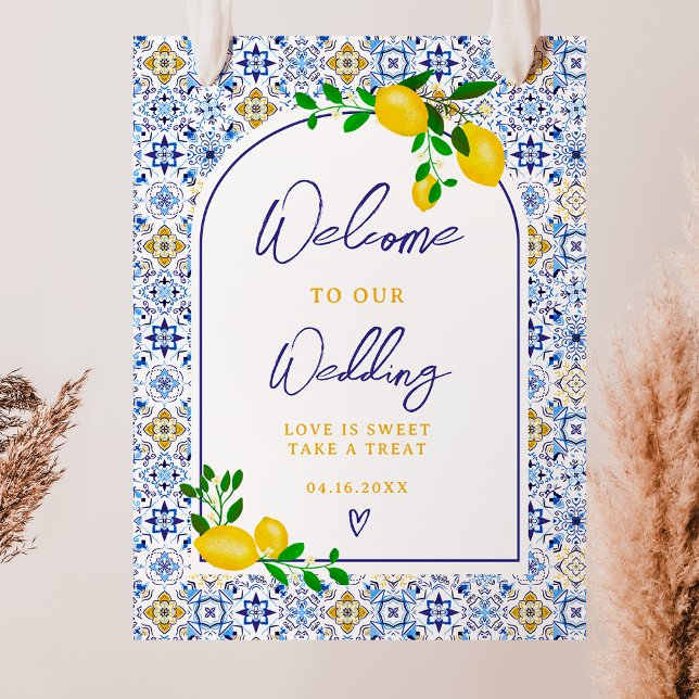 Poster Aquarelle bleu italien citron mariage accueil (Italian blue tile watercolor lemon wedding welcome poster)