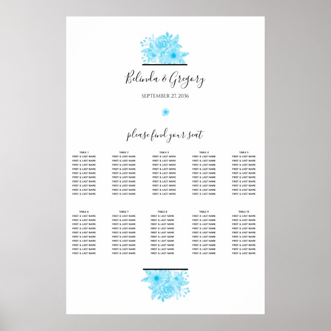 Poster Aquarelle bleu Mariage floral (Devant)