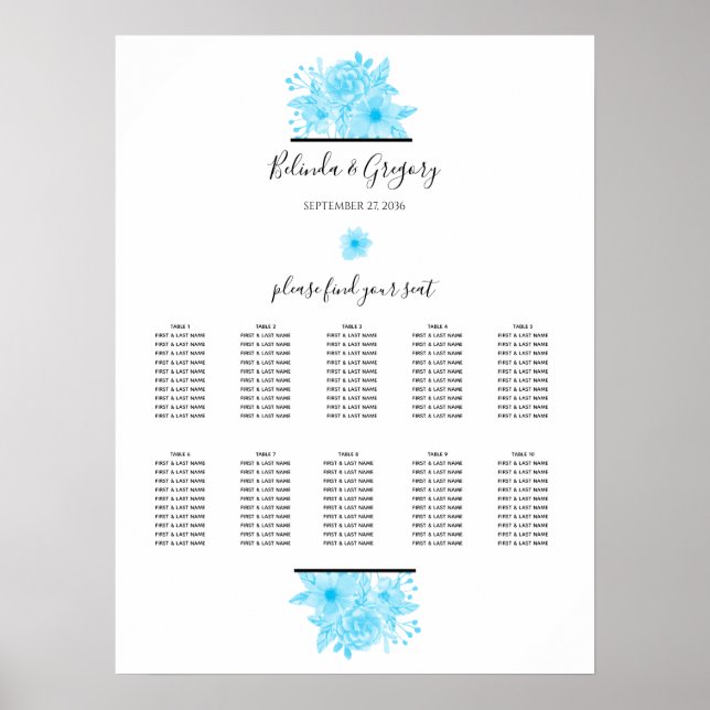 Poster Aquarelle bleu Mariage floral (Devant)
