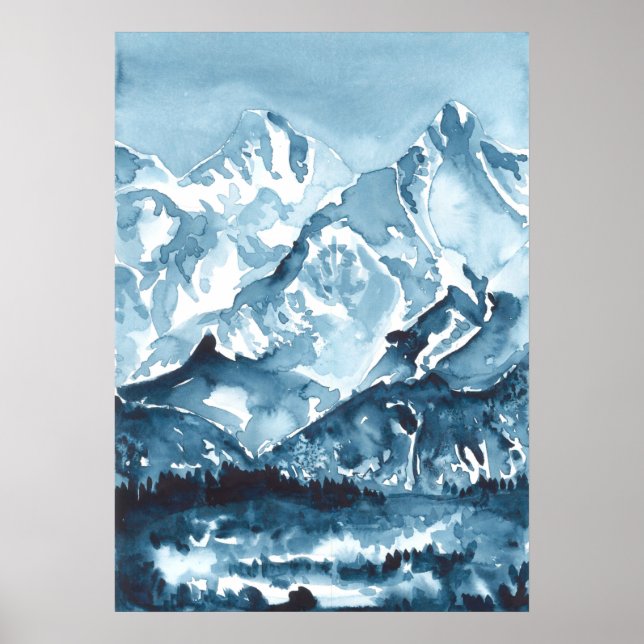 Poster Aquarelle bleu montagneux, paysage (Devant)