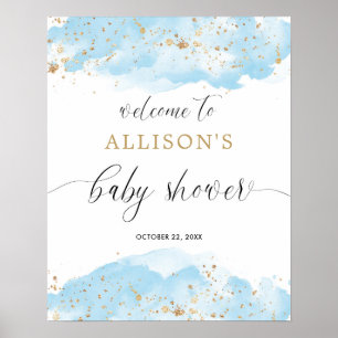 Poster Aquarelle bleu or garçon baby shower signe de bien