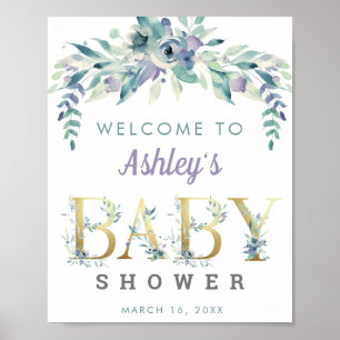 Poster Aquarelle Bleu pourpre fleurs accueil Baby shower