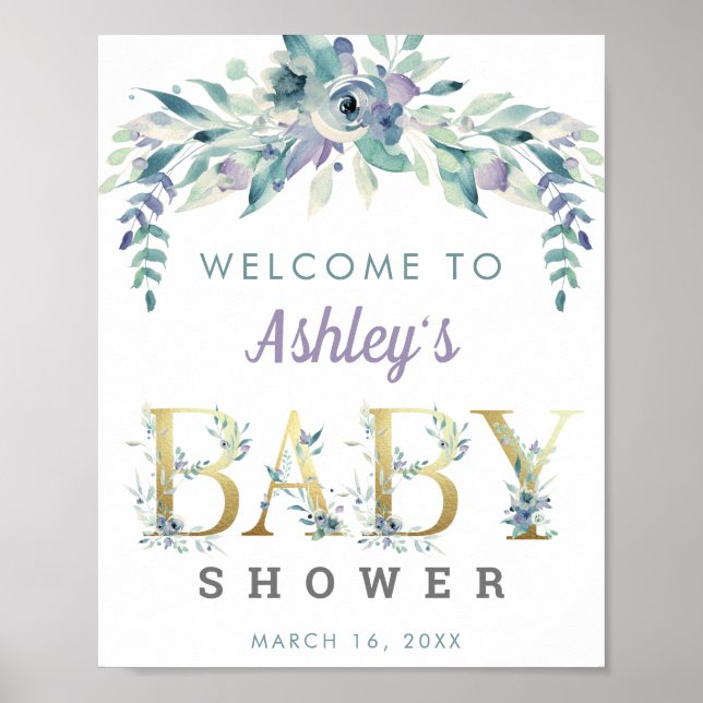 Poster Aquarelle Bleu pourpre fleurs accueil Baby shower (Devant)