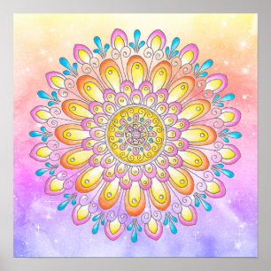 Poster Aquarelle bleu rose orange Mandala