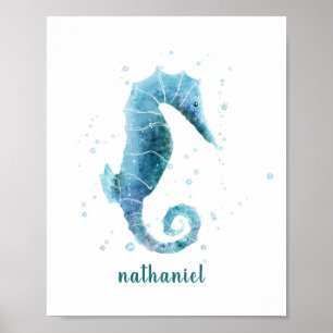 Poster Aquarelle bleu Seahorse Nautiste Nommé