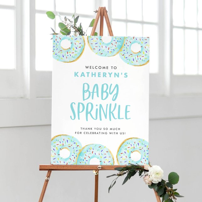 Poster Aquarelle Bleu Sprinkle Donuts Bébé Sprinkle (Watercolor Blue Donuts Baby Sprinkle Welcome Sign – Customizable Baby Shower Decor)