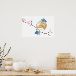 Poster Aquarelle bleu sur une branche de fleur de cerisie