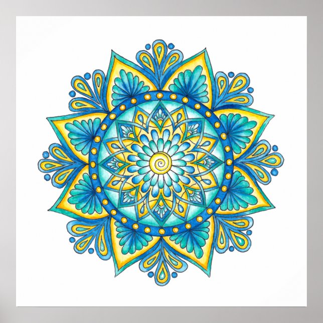 Poster Aquarelle bleu turquoise Mandala (Devant)