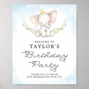 Poster Aquarelle Bleue Bébé Éléphant Accueil d'anniversai