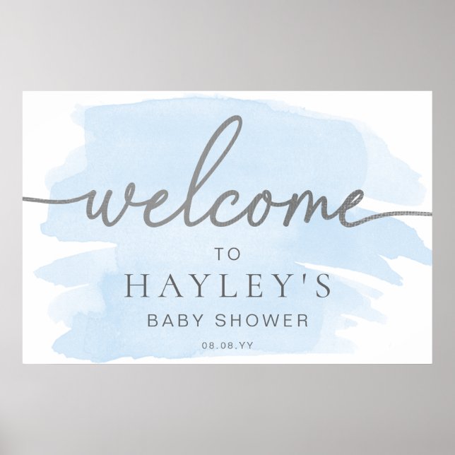 Poster Aquarelle bleue Bienvenue en argent (Devant)