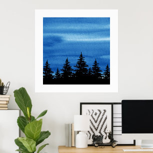 Poster Aquarelle bleue Ciel & Arbres Silhouette