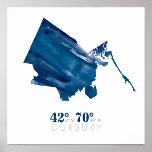 Poster Aquarelle bleue Duxbury MA Carte avec coordonnées