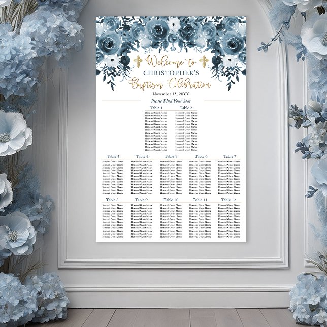 Poster Aquarelle bleue Floral | Faux Gold Boy Baptism (Blue Watercolor Floral Faux Gold Boy Baptism Poster Seating Chart)
