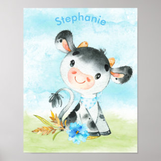 Poster Aquarelle bleue Petite vache