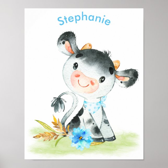 Poster Aquarelle bleue Petite vache (Devant)