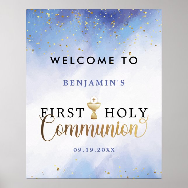 Poster Aquarelle Bleue Première Communion Sainte Bienvenu (Devant)