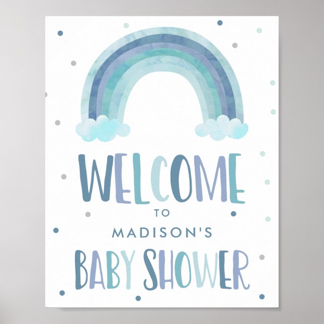 Poster Aquarelle bleue Rainbow Baby shower Bienvenue (Devant)