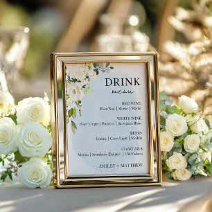 Poster Aquarelle bleue Rose blanche Mariage Menu Boire Si