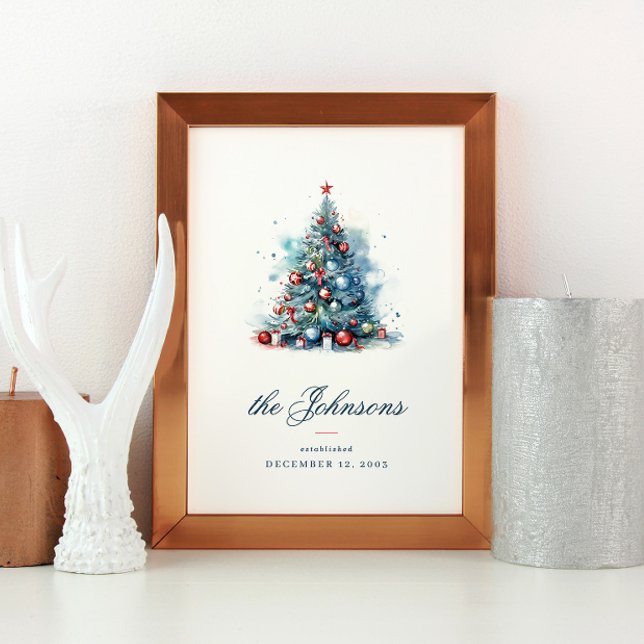 Poster Aquarelle bleue Style Arbre de Noël avec ornement (Créateur téléchargé)