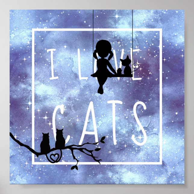 Poster Aquarelle Blue Galaxy Girl Cats Silhouette Room (Devant)