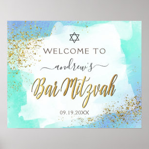 Poster Aquarelle Blue & Gold Bar Mitzvah Bienvenue