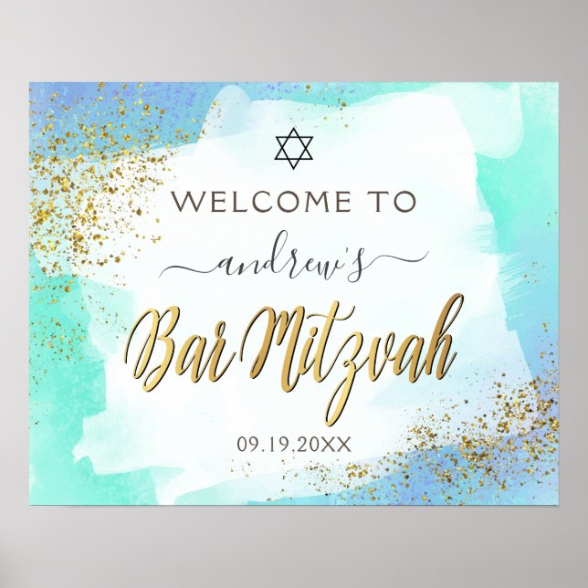 Poster Aquarelle Blue & Gold Bar Mitzvah Bienvenue (Devant)