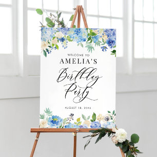 Poster Aquarelle Blue Hydrangea fête d'anniversaire Bienv