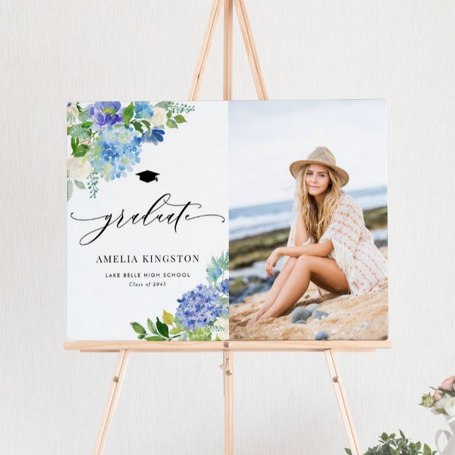 Poster Aquarelle Blue Hydrangea Fleurs Photo Graduation (Watercolor Blue Hydrangea Flowers Photo Graduation Poster)