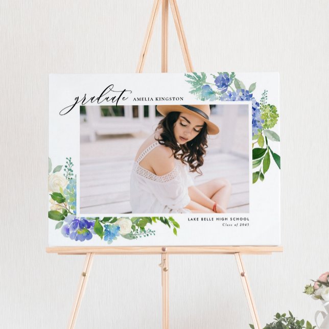 Poster Aquarelle Blue Hydrangea Frame Photo Graduation (Watercolor Blue Hydrangea Frame Photo Graduation Poster)