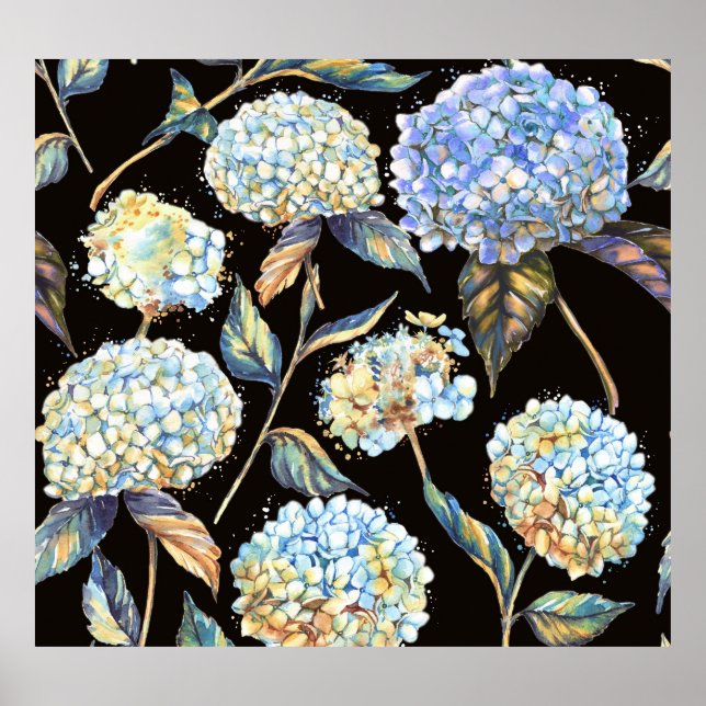 Poster Aquarelle Blue Hydrangea : Motif foncé sans couleu (Devant)