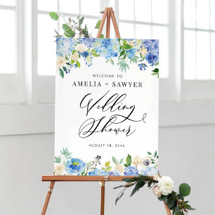 Poster Aquarelle Blue Hydrangeas Wedding shower Bienvenue